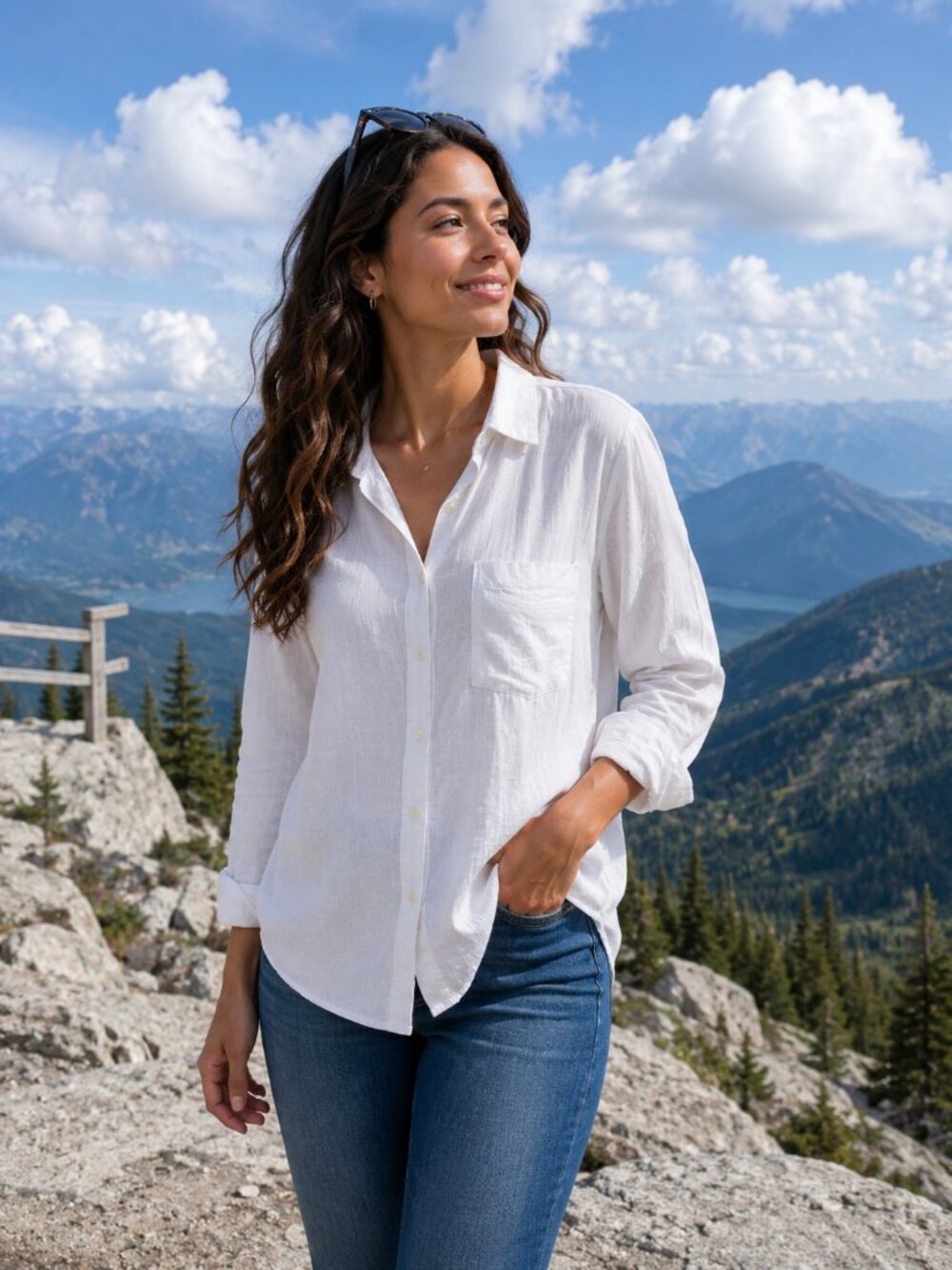 Lightweight cotton long sleeves button-front shirt White. Size Medium to Large